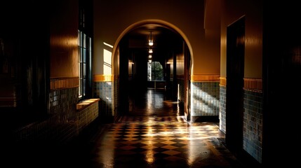 Fototapeta premium Historic hallway sunlight reflection