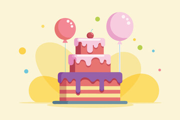 ThreeTiered Birthday Cake with Balloons and Sprinkles on a Cream Background Illustration