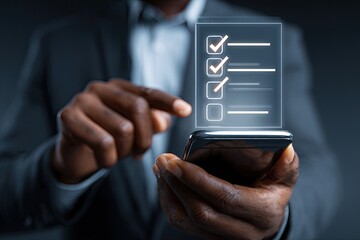 Person in suit interacts with a holographic checklist on a smartphone
