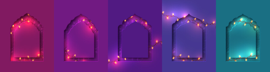 Set of Diwali Festival of Lights background with colorful ornamental arch and floral mandala, glowing lamps and garlands, traditional Indian holiday celebration. Vector illustration.