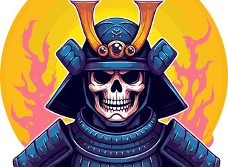 Undead samurai warrior with a skull face, blue armor, and golden helmet horns, against a backdrop of a yellow sun and pink fire