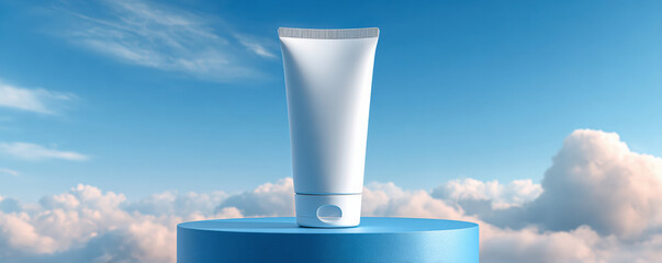 Realistic sunscreen tube stands prominently on blue pedestal against backdrop of fluffy clouds and bright blue sky, evoking sense of freshness and protection