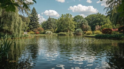 Fototapeta premium Calm lake embraced by verdant foliage within a landscaped park