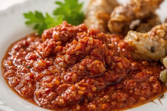 Authentic homemade spicy chili paste from local cuisine with a shallow depth of field effect