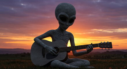 Serene alien plays acoustic guitar at sunset captivating extraterrestrial musical moment