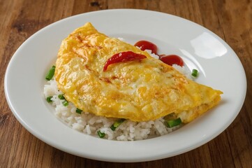 Classic Thai Omelet Served Over Jasmine Rice with Spicy Chili and Ketchup on a Wooden Surface