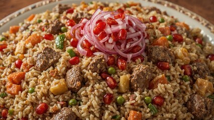 Hearty Pilaf Featuring Beef, Fresh Vegetables, and Pomegranate, Served with Onion and Tomato Salad