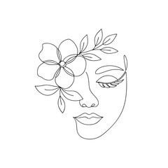 Elegant woman face with flower and leaves line art