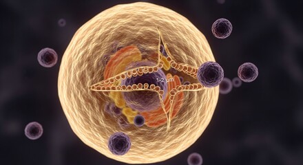 Detailed 3D rendering of a eukaryotic animal cell, showcasing the nucleus, organelles, and surrounding microscopic particles