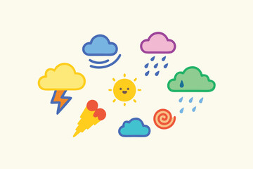 Weather Pattern Icons Featuring Sun, Clouds, Rain, Wind, Lightning Bolt, And Fun Tornado