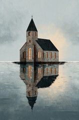 Obraz premium Stylized church with stained glass window reflection - Mountain lake setting - Serene landscape concept