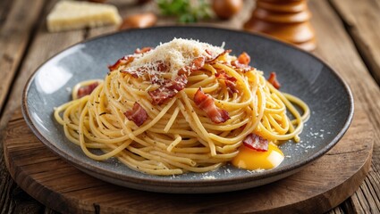 Authentic spaghetti carbonara with bacon, egg yolk, and Parmesan, presented on a rustic wooden surface