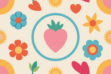Whimsical Retro Pattern with Hearts, Flowers, and a Central Rounded Pink Strawberry