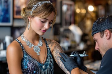 Tattoo artist creates intricate design on woman's arm in studio setting