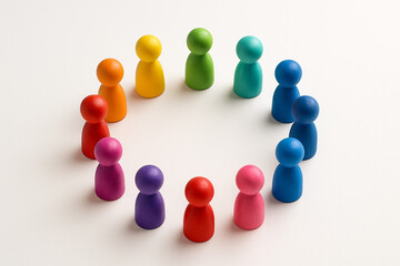 Wooden figures painted red blue green yellow arranged in circle on light background symbolizing diversity equity.