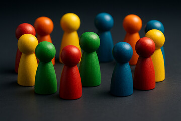 Circular arrangement of wooden figures in rainbow colors representing diversity equity and inclusion unity