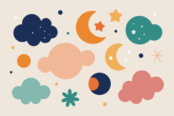 Whimsical Sky Illustration with Clouds, Crescent Moons, Stars, and Colorful Geometric Shapes on Beige Background