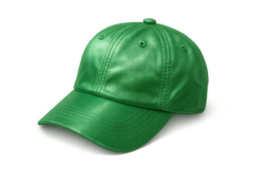 Green baseball cap resting on transparent surface, displaying custom design potential with versatile styling options
