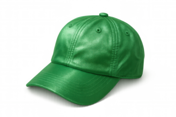 Green baseball cap resting on transparent surface, displaying custom design potential with versatile styling options