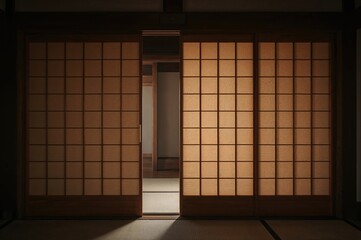 Sliding Door with Traditional Wood Frame and Shoji Paper in a Buddhist Temple Interior