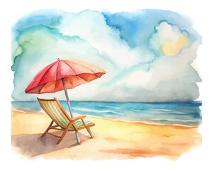 Watercolor Beach Scene with Umbrella and Chair
