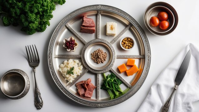 Elegant silver tray with symbolic Passover Seder food, photographed top-down against a white background