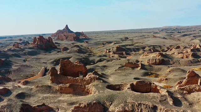 Aerial view of the Subashi Buddhist Temple Ruins, a World Heritage Site, in Kuche City, Aksu Prefecture, Xinjiang, China