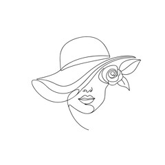Fototapeta premium Elegant woman face with hat and rose line art