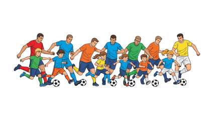 Soccer Family Fun: A vibrant illustration showcasing a large group of people, both adults and children, engaging in a lively soccer game. The image captures the energy and joy of family sports.