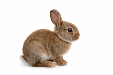 Fototapeta premium Profile of an adorable eight-week-old brown baby rabbit sitting and gazing to the side against a white background