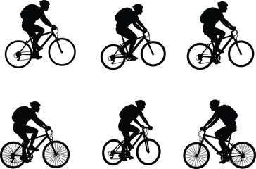 Fototapeta premium Silhouettes of male cyclist riding mountain bikes, wearing helmet and backpack, outdoor fitness sport, adventure activity vector illustration