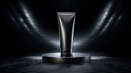 Sleek black sunscreen tube stands prominently circular pedestal, illuminated by dramatic lighting that highlights its smooth surface and modern design. overall aesthetic conveys sophistication