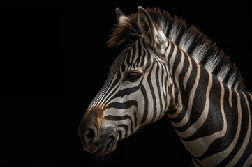 Profile view of a zebra against a dark backdrop in wildlife photography. melancholic creature. Animal welfare