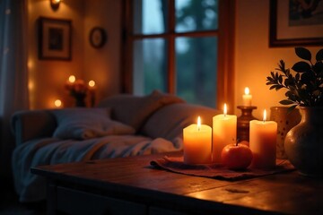 Romantic Candlelight Illuminates Cozy Interior, Casting Warm Shadows for Relaxation and Intimacy