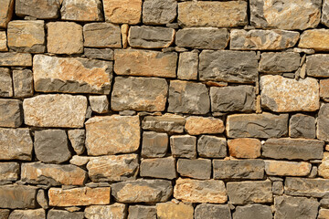 High-resolution image of a rustic stone wall with varying shades of brown and gray stones. Perfect for backgrounds and textures.