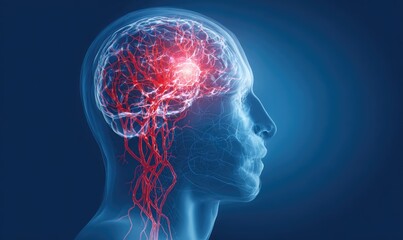 3D medical illustration of a brain, highlighting blood vessels