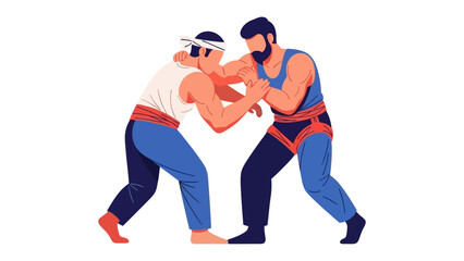 Dynamic Duo: A depiction of two athletic figures engaged in a wrestling match, showcasing strength and determination, set against a minimalistic design