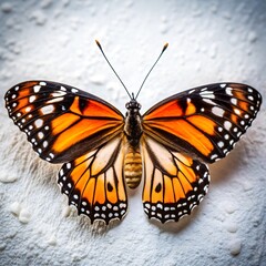 Fototapeta premium Close up of a vibrant orange and black butterfly with white spots wings spread wide on a textured white surface