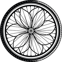 Bicycle Wheel: A stylized line art illustration of a bicycle wheel with a flower in the center, representing nature, cycling, and elegance.