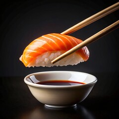 Salmon Nigiri Sushi Piece Held by Chopsticks Above Soy Sauce Dish Japanese Food