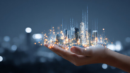 Futuristic cityscape with glowing digital lights and data streams floating above open hand, symbolizing technology and innovation