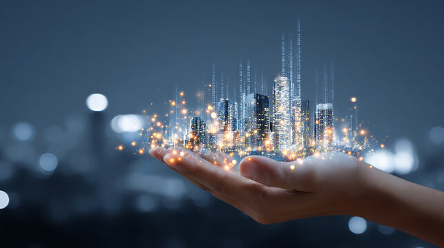 Futuristic cityscape with glowing digital lights and data streams floating above open hand, symbolizing technology and innovation - Powered by Adobe