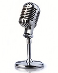 Fototapeta premium Retro Silver Microphone on Desk Stand Isolated on White Background Vintage
