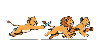 Lion Relay Race: Energetic illustration of a relay race featuring lions, conveying teamwork, agility, and the spirit of friendly competition.