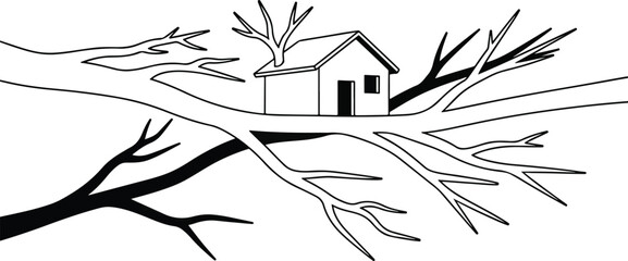 House: A surreal line art illustration of a house sitting on a floating tree branch, symbolizing fantasy, dreams, and home.