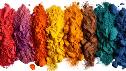 Vibrant spectrum of colorful powders.  Piles of various pigments in a rainbow arrangement.  Close-up view of textured, granular materials