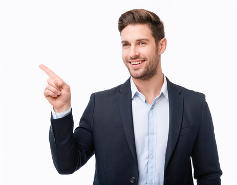 young businessman pointing finger happy smiling guy business man in suit point away on white background