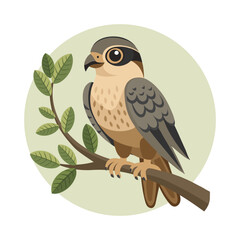 Falcon sitting on a branch with leaves. Illustration of a hawk sitting on a branch.