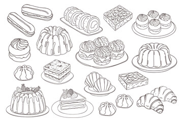 Set of different sweet desserts. Assortment of baked goods, eclairs, cakes and pastries. Hand drawn doodle illustrations.