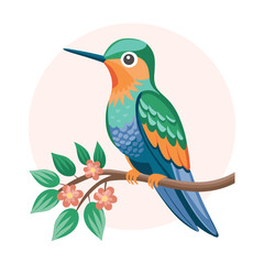 Charming hummingbird sitting on a branch with flowers. Illustration.